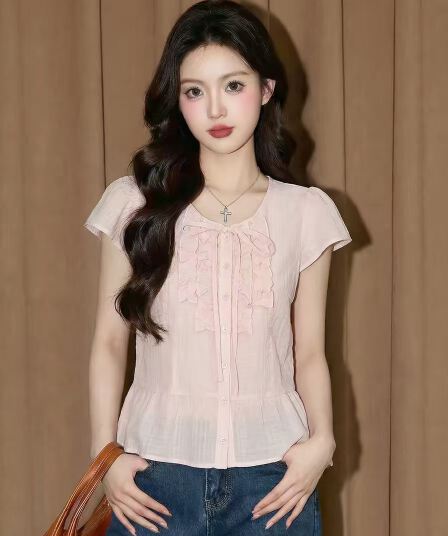 핑크색 면 린넨 반팔 맨위 여성 여름 프랑스식 사소한 인형 작은 셔츠 고유 한 아름다운 도파민 거품 소매 셔츠