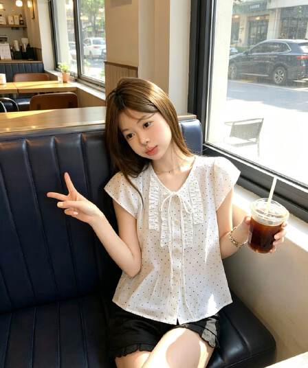 프랑스식 달콤한 스타일 V 넥 셔츠 허리 수축 슬림해 보이는 고급 센스 캐주얼 새로운 반팔 도트 무늬 맨위 여성