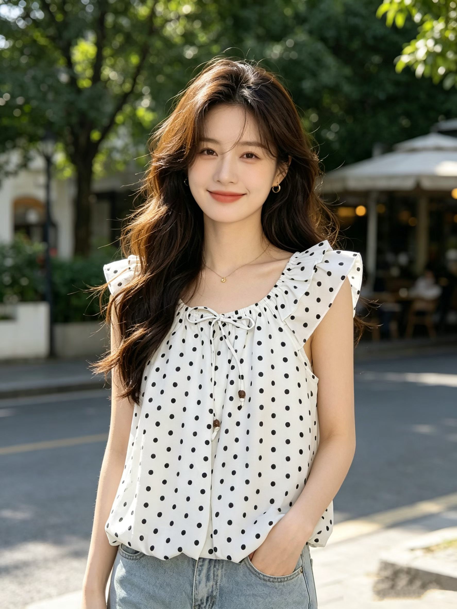 작은 날다 소매 도트 무늬 레이스업 Chic 작은 셔츠 여성 고급 센스 여름 인기 오프숄더 셔츠 품격 쉬폰 톱