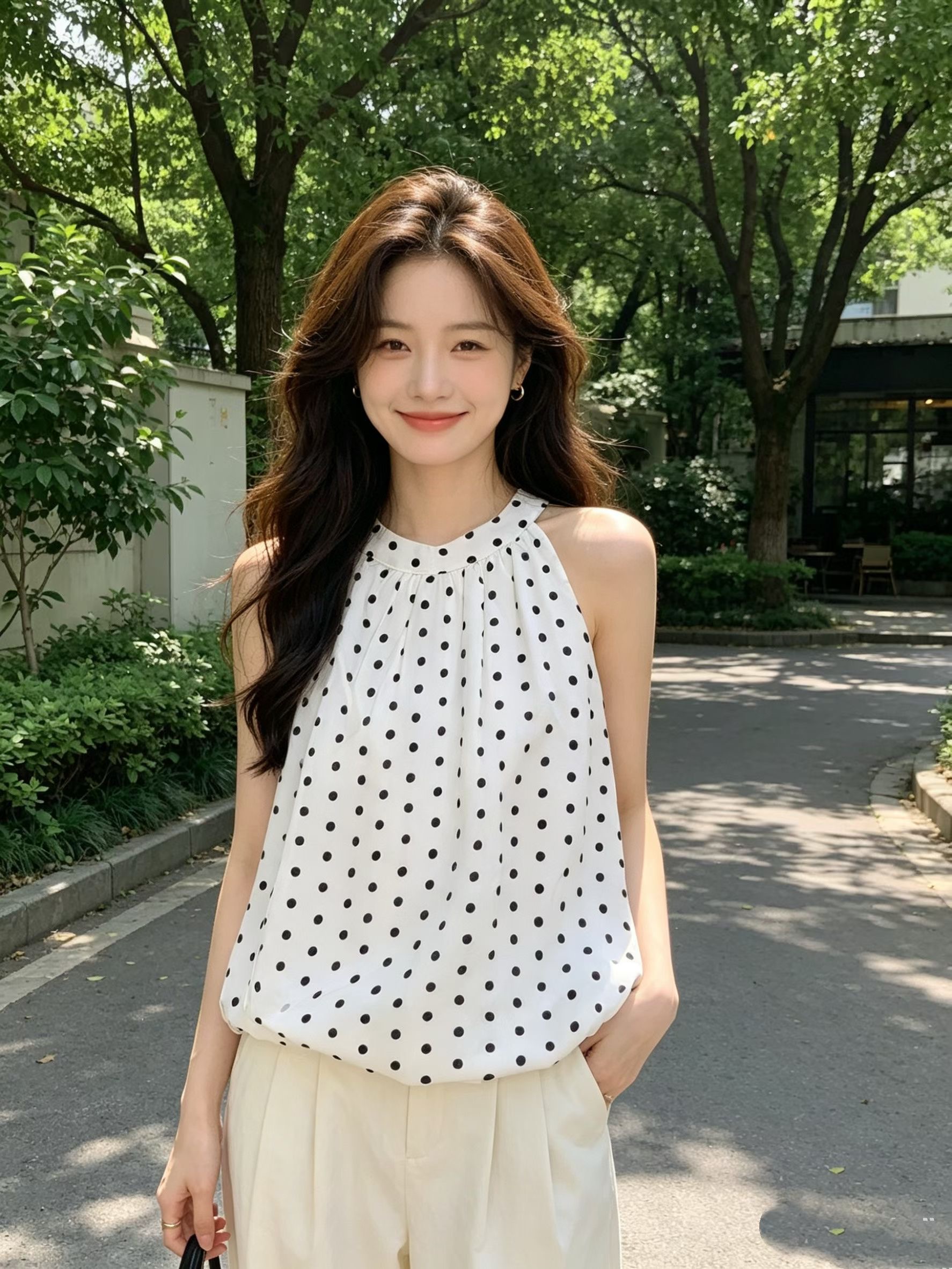 한 부서 레트로 도트 무늬 섹시함 행침 목 조끼 여성 2026 여름 새로운 슬림해 보이는 스트랩 슬립 로얄 자매 바람 맨위