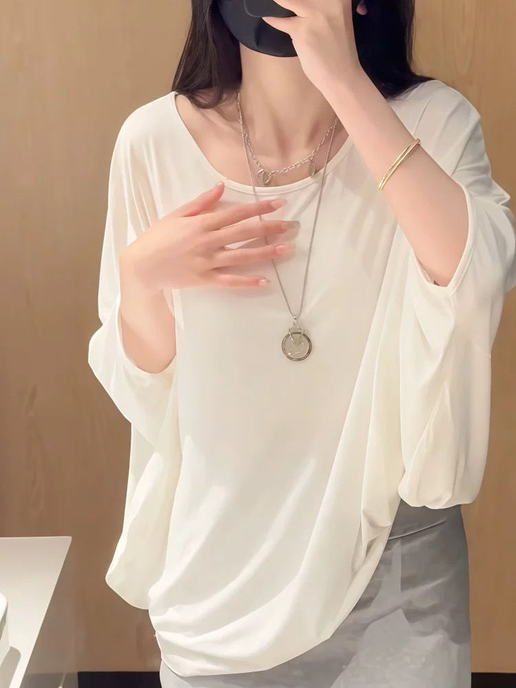 느긋한 바람 부드럽다 도루 센스 루즈핏 모달 배트윙 소매 티셔츠 블라우스 자외선 차단 맨위 망토 가정 서비스 여성 트렌디