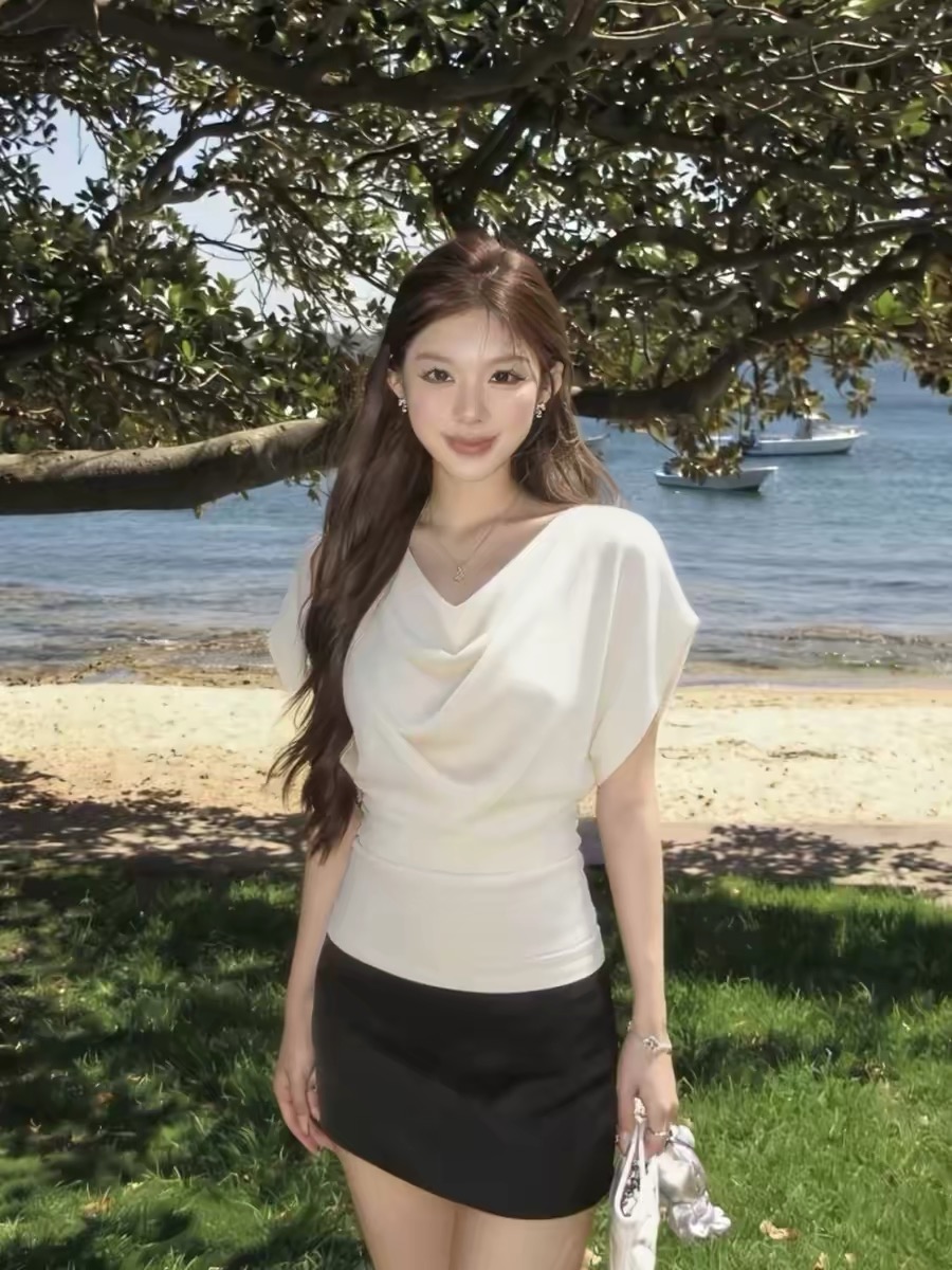프랑스식 화이트 흔들다 칼라 반팔 티셔츠 여성 여름 허리 수축 슬림해 보이는 출퇴근 다용도 한 부서 품격 배트윙 소매 맨위