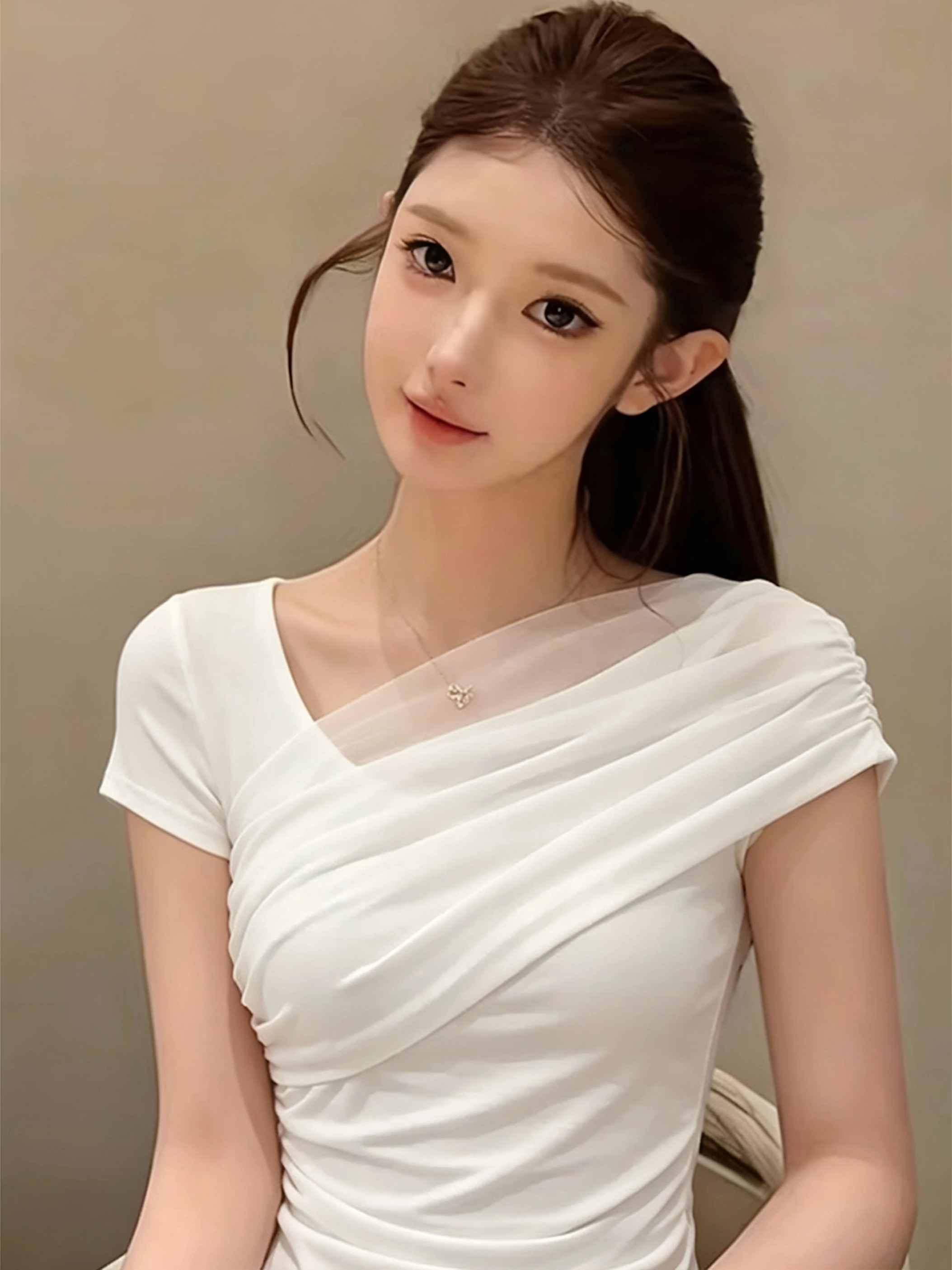 망사 패치워크 오프숄더 순수한 욕망 티셔츠 여성 여름 빅 사이즈 통통한 여동생 품격 몸매 가꾸기 화이트 고유 한 Chic 맨위