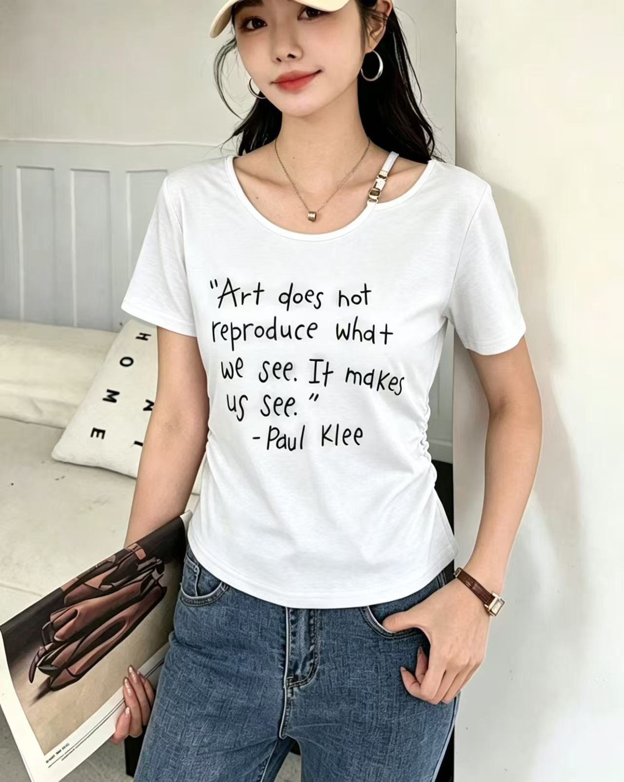 작은 키 쇼트 스타일 알파벳 프린트 티셔츠 여성 봄 여름 패션 외국 가스 몸매 가꾸기 슬림해 보이는 동정 다용도 심장 기계 맨위 t