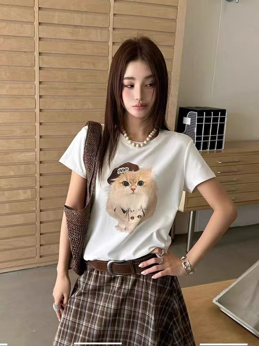 한 부서 프린트 고양이 반팔 티셔츠 여성 2026 여름 외국 가스 다용도 라운드 넥 슬림해 보이는 기본 셔츠 패션 맨위 트렌디