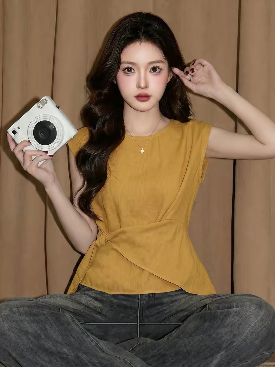 호박 주황색 면 린넨 작은 날다 소매 맨위 여성 여름 프랑스식 사소한 인형 셔츠 도파민 불규칙 허리 수축 셔츠