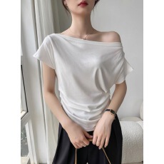 批发一字肩白色短袖t恤女夏季2026年新款露肩打底衫<b class='q'>修身</b>内搭短款上衣