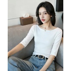 批发春夏季新款极简风黑色一字肩中袖T恤女<b class='q'>修身</b>百搭<b class='q'>打底衫</b>五分袖上衣