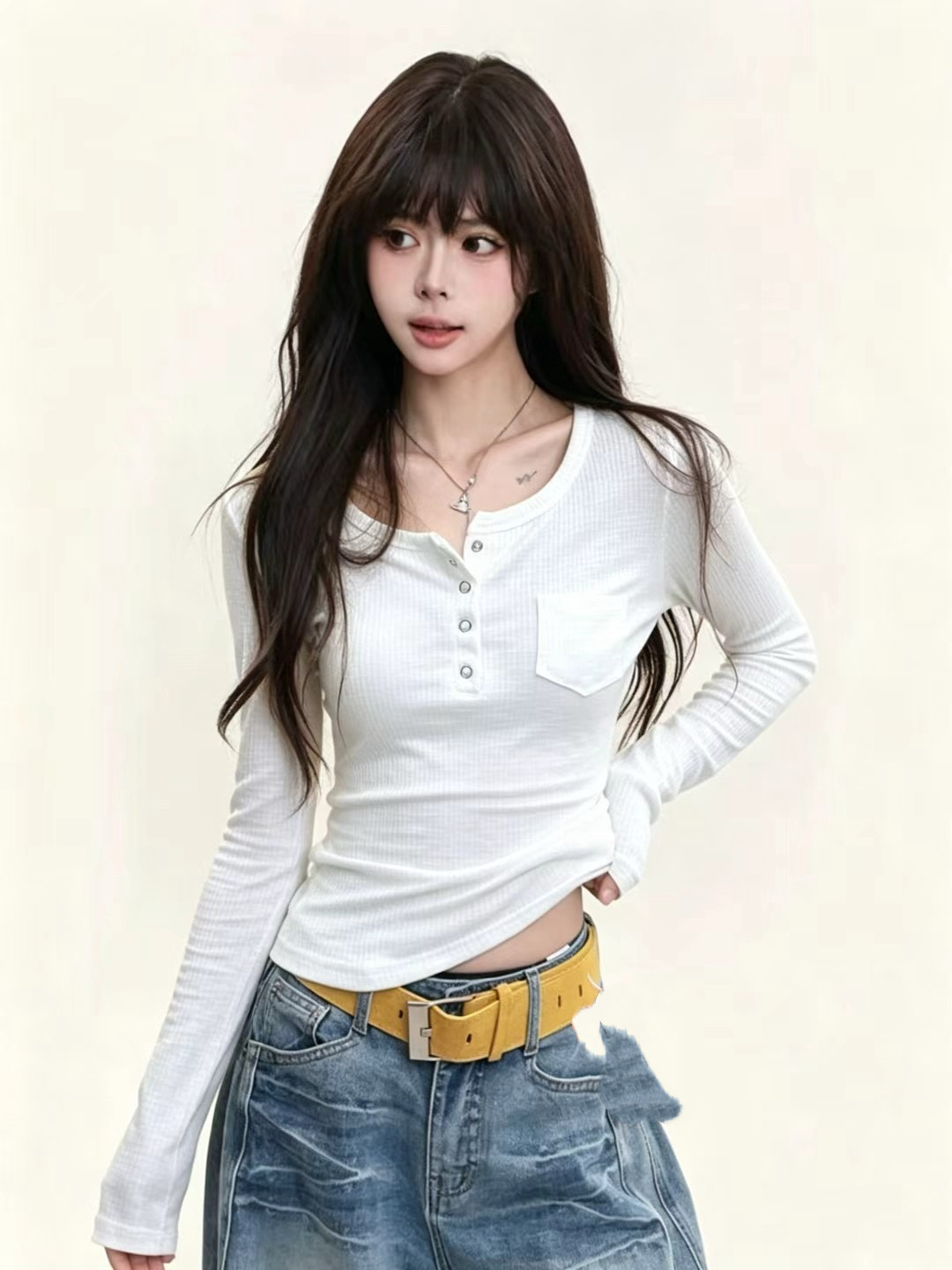 순수한 욕망 프랑스식 반 개방 칼라 단추 디자인 주머니 긴팔 기본 셔츠 여성 핫걸 심장 기계 라운드 넥 몸매 가꾸기 짧은 맨위