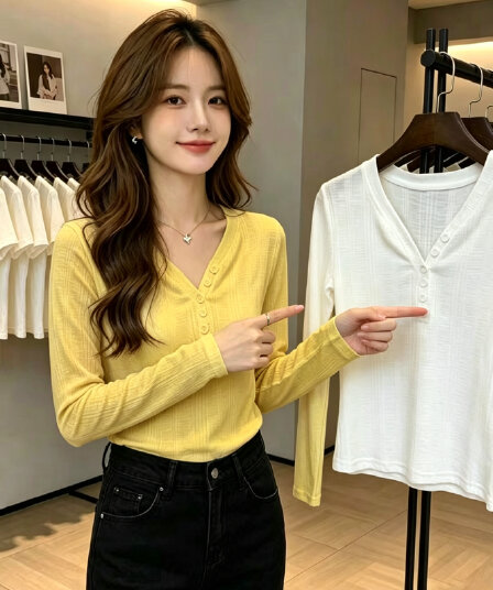 긴팔 티셔츠 여성 2026 년 여름과 가을 새로운 긍정적 인 어깨 헨리 V넥 슬림해 보이는 몸매 가꾸기 외국 가스 Chic 작은 키
