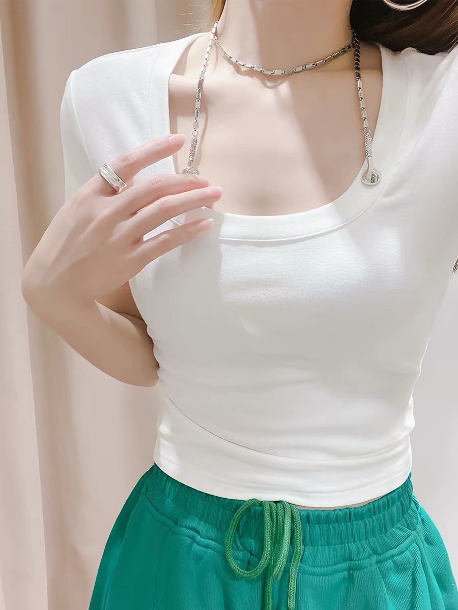 화이트 깊은 대 u 네클라인 반팔 티셔츠 여성 짧은 몸 여름 낮은 가슴 달콤한 자매 타이트 몸매 가꾸기 순수한 욕망 섹시함 맨위