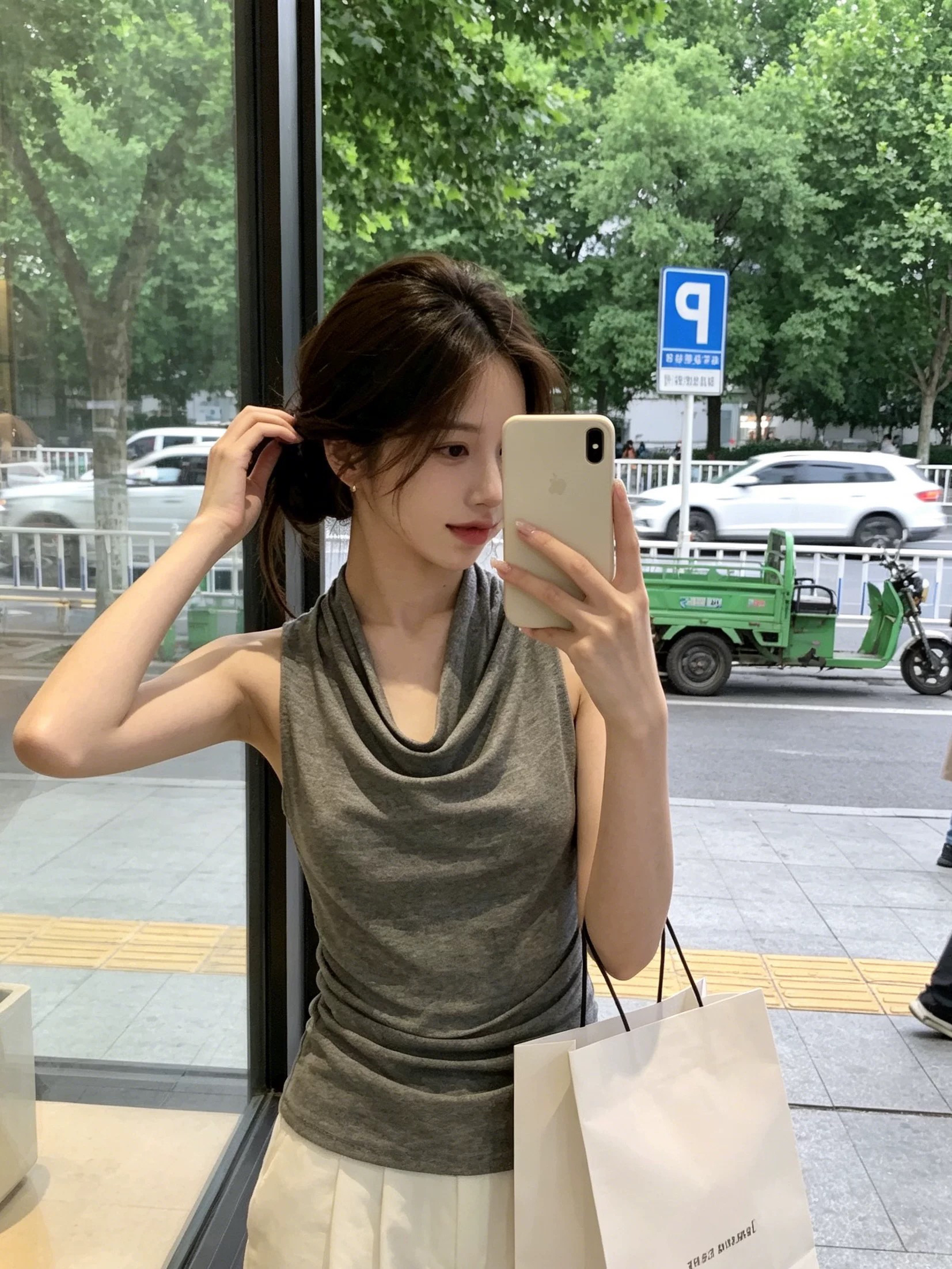 순수한 욕망 바람 흔들다 칼라 민소매 티셔츠 여성 여름 새로운 몸매 가꾸기 슬림해 보이는 허리 수축 주름 다용도 조끼 핫걸 바람 맨위