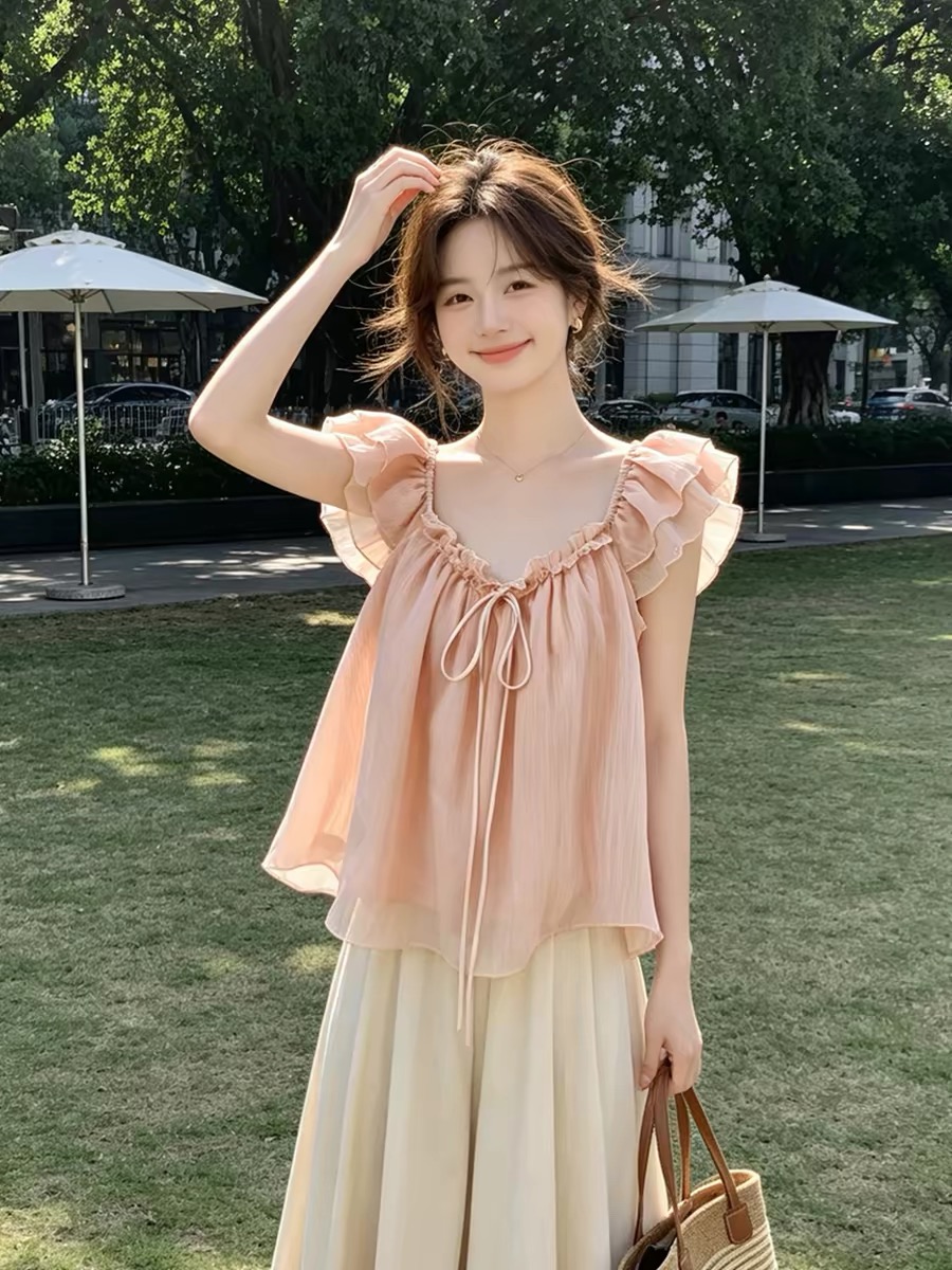 소녀 핑크색 목이버섯 나비 넥타이 작은 날다 소매 여성 셔츠 여름 얇은 스타일 쉬폰 블라우스 품격 부드러운 맨위