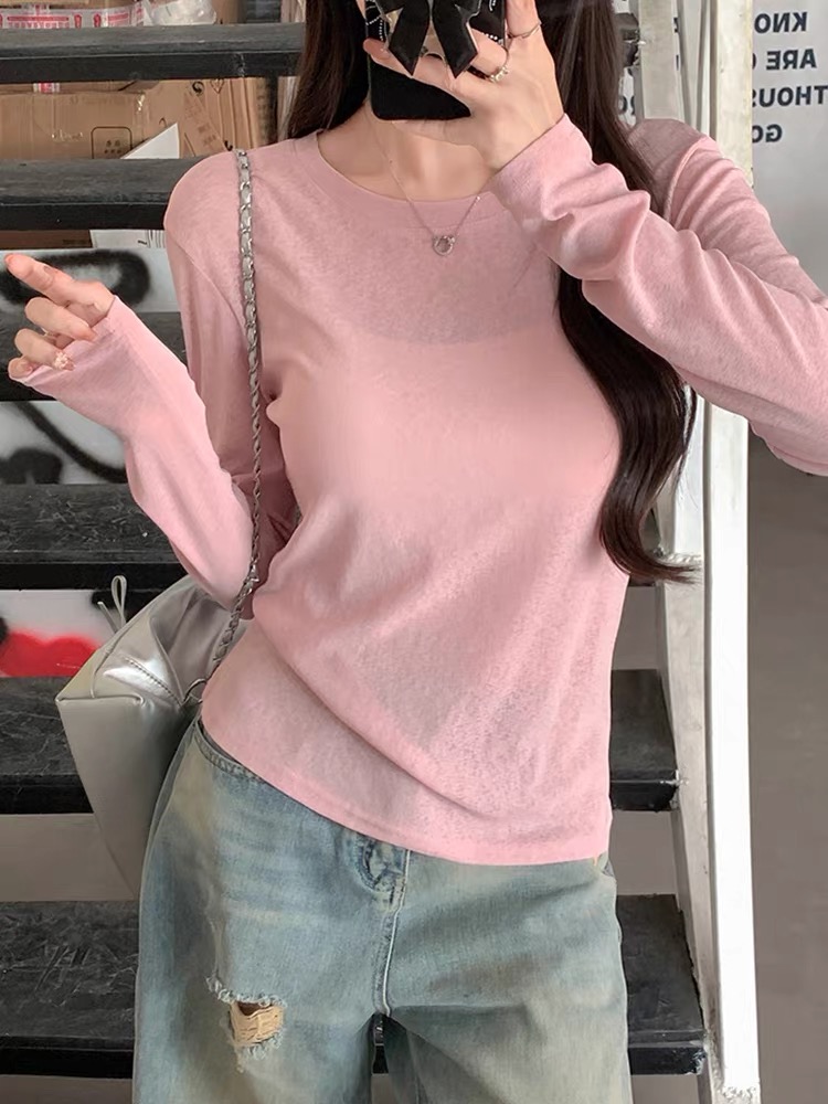 얇은 스타일 얼음 실크 자외선 차단 블라우스 긴팔 티셔츠 여성 여름 새로운 한국 스타일 미니멀리즘 캐주얼 다용도 에어컨 맨위 ins