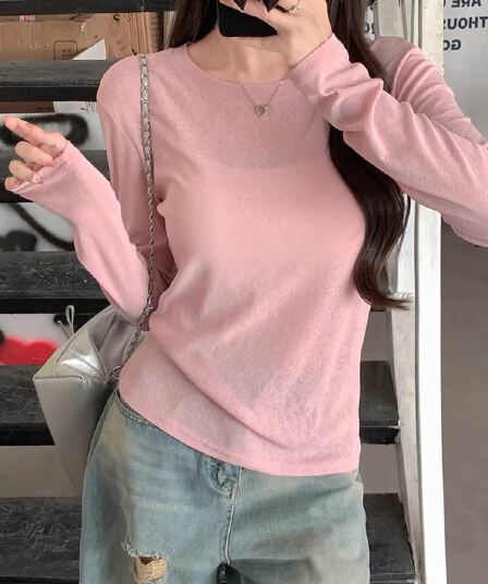 얇은 스타일 얼음 실크 자외선 차단 블라우스 긴팔 티셔츠 여성 여름 새로운 한국 스타일 미니멀리즘 캐주얼 다용도 에어컨 맨위 ins