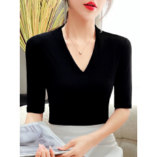 批发黑色V领t恤女中袖修身显瘦2026年春夏<b class='q'>新款</b>性感<b class='q'>打底衫</b>百搭气质上衣