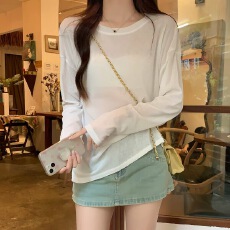 批发复古宽松慵懒风<b class='q'>白色</b>圆领长袖防晒衫T恤女薄款透视性感小衫ins上衣