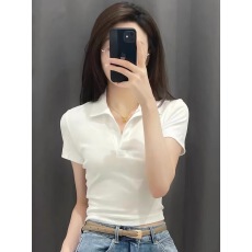 批发纯色正肩高腰短款甜辣妹白色短袖<b class='q'>t</b><b class='q'>恤</b>女夏季2026新款polo翻领上衣