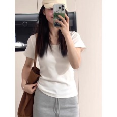 批发韩系白色U领纯棉正肩短袖<b class='q'>T</b><b class='q'>恤</b>女夏季百搭修身显瘦打底上衣