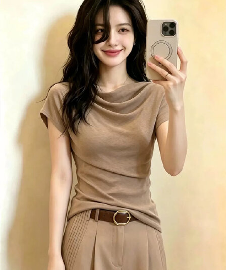 캐주얼 바람 고유 한 클래식 섹션 절묘한 비대칭 주름 반팔 티셔츠 몸매 가꾸기 슬림해 보이는 디자인 센스 품격 맨위