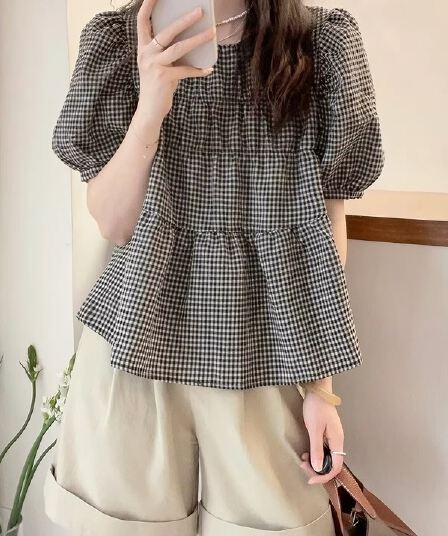 체크무늬 반팔 여성 셔츠 여름 섹션 Chic 아름다운 프랑스식 고급 센스 빛 요리 한 작은 대중 거품 소매 인형 셔츠 맨위