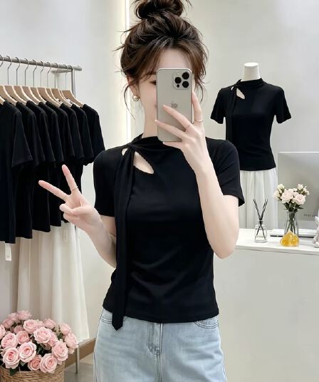 여름 자이언트 잘 생긴 ~ 중 검정색 홀로우 아웃 리본 긍정적 인 어깨 반팔 티셔츠 여성 고유 한 아름다운 아니요 명중 섹션 아름다운 맨위
