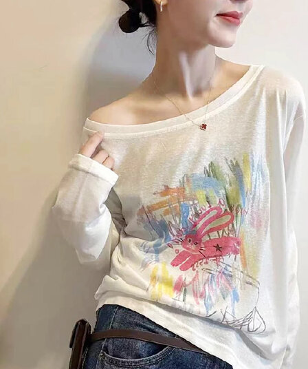 만화 토끼 프린트 긴팔 자외선 차단 블라우스 티셔츠 여성 26 여름 새로운 한 부서 루즈핏 다용도 느긋한 바람 맨위
