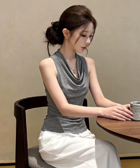 순수한 욕망 바람 흔들다 칼라 민소매 티셔츠 여성 여름 새로운 몸매 가꾸기 슬림해 보이는 허리 수축 주름 다용도 조끼 핫걸 바람 맨위