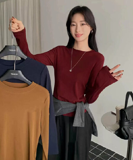 한 부서 높은 탄력성 회색 라운드 넥 긍정적 인 어깨 긴팔 티셔츠 여성 가을 겨울 고급 센스 몸매 가꾸기 인사이드 가져 가라. 기본 셔츠 맨위
