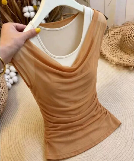 불규칙 흔들다 칼라 페이크 레이어드 반팔 티셔츠 여성 주름 몸매 가꾸기 여름 고급 센스 민소매 슬림해 보이는 허리 수축 맨위