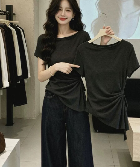 한 부서 작은 대중 디자인 센스 라운드 넥 Chic 반팔 티셔츠 여성 여름 비틀림 허리 수축 슬림해 보이는 미니멀리즘 다용도 맨위