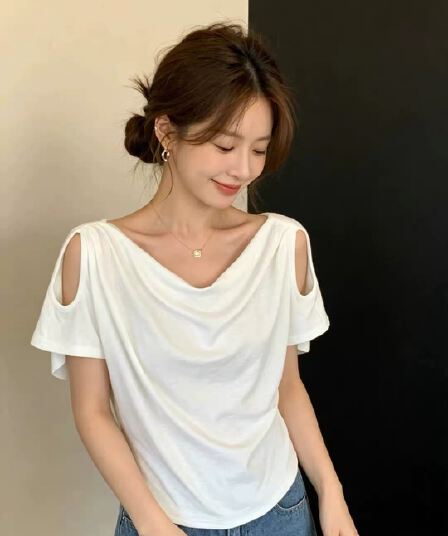 디자인 센스 오프숄더 흔들다 칼라 반팔 티셔츠 여성 여름 자이언트 잘 생긴 슬림해 보이는 표지 고기 동정 고급 Chic 맨위