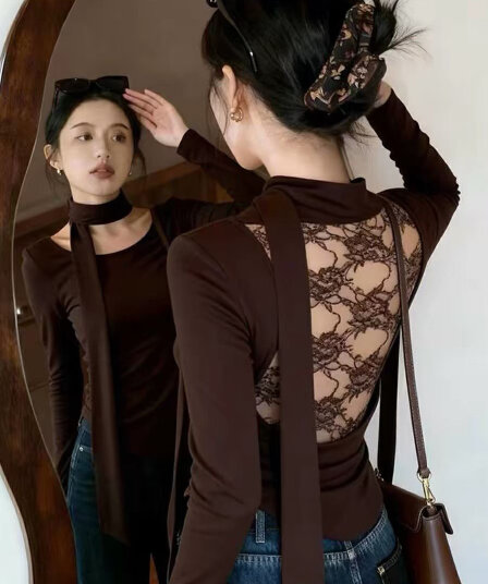 2026 가을 겨울 의류 순수한 욕망 u 칼라 리본 기본 셔츠 여성 섹시함 인사이드 가져 가라. 몸매 가꾸기 긴팔 티셔츠 핫걸 쇼트 스타일 맨위