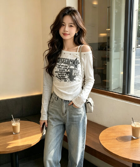 아메리칸 레트로 프린트 한 단어 오프숄더 달콤한 차가운 핫걸 슬립 긴팔 디자인 센스 비스듬한 어깨 가을 티셔츠 여성 몸매 가꾸기