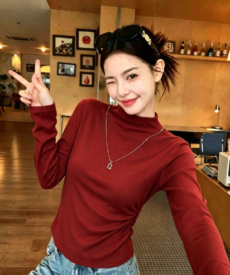 한 부서 품격 반하이넥 긍정적 인 어깨 긴팔 티셔츠 여성 2026 가을 새로운 주름 허리 수축 슬림해 보이는 만나는 맨위