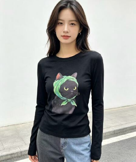 2026 가을 새로운 한국 스타일 패션 유머러스 고양이 프린트 긴팔 티셔츠 여성 루즈핏 느긋한 바람 캐주얼 맨위