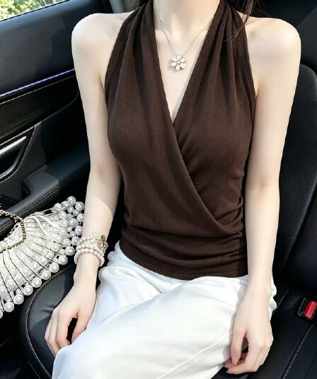 프랑스식 커피 색상 V넥 행침 목 민소매 작은 슬링 조끼 여성 여름 고유 한 슈퍼 잘 생긴 외출용 아름다운 작은 맨위
