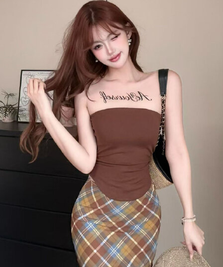 벨트 가슴 패드 망사 시스루 패치워크 알파벳 프린트 캐미솔 몸매 가꾸기 쇼트 스타일 외출용 작은 맨위