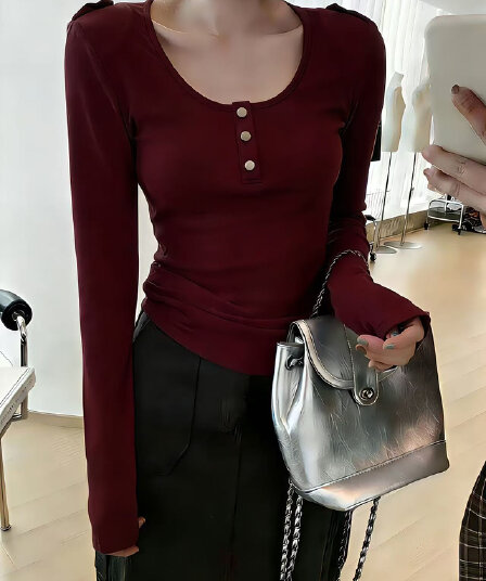 한 부서 미니멀리즘 다용도 u 칼라 단추 긴팔 티셔츠 여성 가을 겨울 인사이드 가져 가라. 고급 센스 몸매 가꾸기 슬림해 보이는 기본 셔츠 맨위