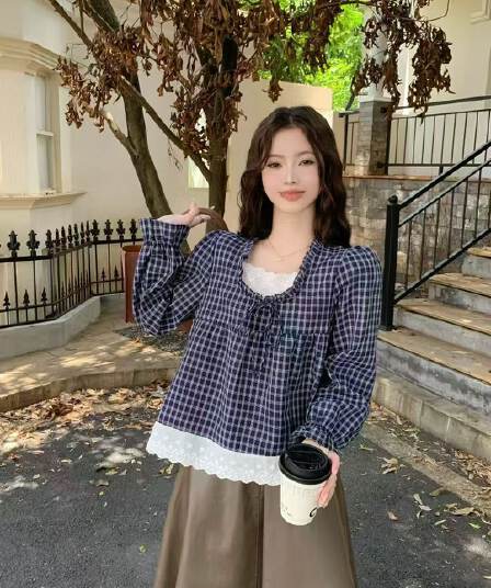 페이크 레이어드 레이스 측면 패치워크 체크무늬 긴팔 여성 셔츠 2026 봄 가을 새로운 표지 배 달콤함 연령 감소 맨위