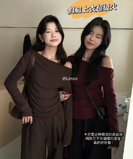 앤 코라 빨간색 보트넥 오프숄더 긴팔 티셔츠 여성 봄 가을 디자인 센스 인사이드 가져 가라. 기본 셔츠 쇼트 스타일 비스듬한 어깨 의류
