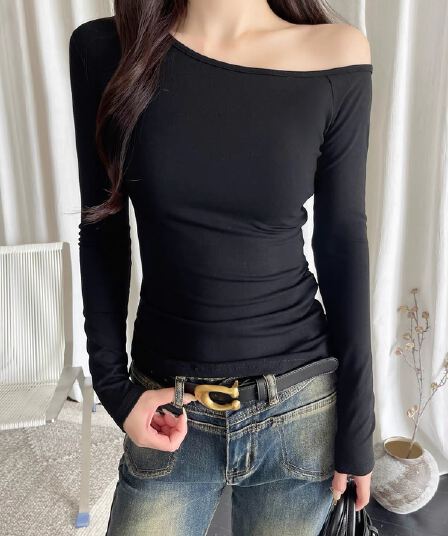 이른 가을 고유 한 아름다운 검정색 한 단어 비스듬한 어깨 긴팔 티셔츠 여성 몸매 가꾸기 오프숄더 고급 외국 가스 기본 셔츠 맨위