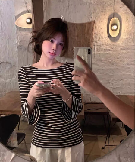 한 부서 느긋한 센스 흑백 줄무늬 보트 칼라 7부 소매 티셔츠 여성 조기 가을 캐주얼 다용도 작은 대중 연령 감소 맨위