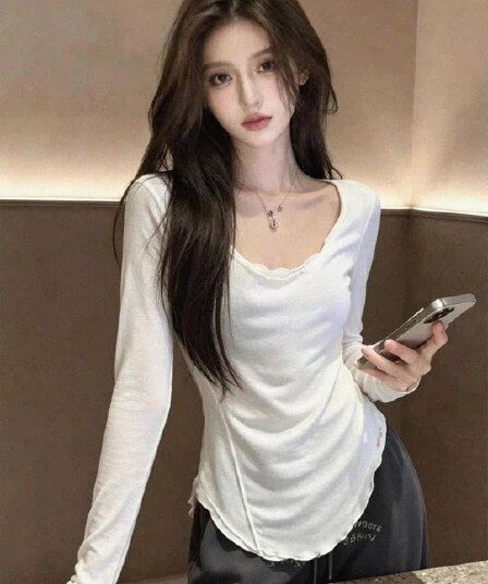 한 부서 chic Chic 화이트 u 칼라 긍정적 인 어깨 긴팔 티셔츠 여성 가을 작은 키 튀김 거리 고유 한 아름다운 맨위 서비스