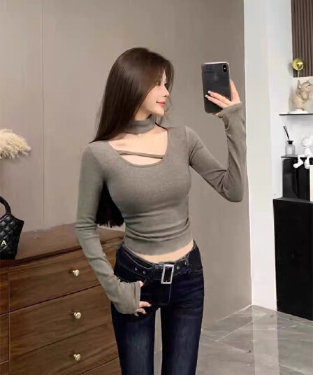 순수한 욕망 달콤한 핫걸 홀로우 아웃 행침 목 기본 셔츠 여성 봄 가을 몸매 가꾸기 인사이드 가져 가라. 타이트 긴팔 티셔츠 디자인 센스 맨위