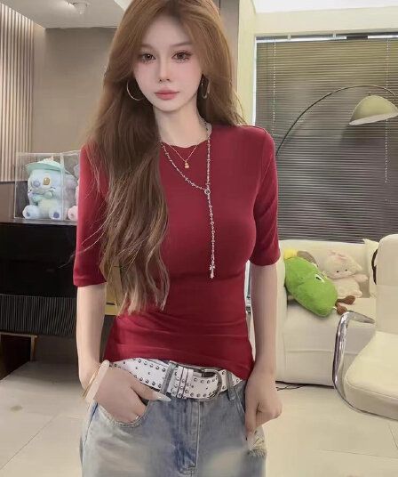 올해 인기 ~ 중 폭발 여성 의류 가을 2026 새로운 라운드 넥 패션 단색 5 점 소매 티셔츠 캐주얼 맨위