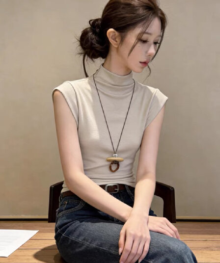 미니멀리즘 바람 반하이넥 작은 날다 소매 티셔츠 여성 가을 새로운 몸매 가꾸기 허리 수축 섹션 슬림해 보이는 기본 셔츠 출퇴근 맨위