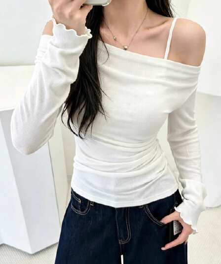 가을 새로운 순수한 욕망 바람 흔들다 칼라 꼬집기 허리 긴팔 티셔츠 여성 회색 페이크 레이어드 디자인 센스 몸매 가꾸기 슬림해 보이는 맨위