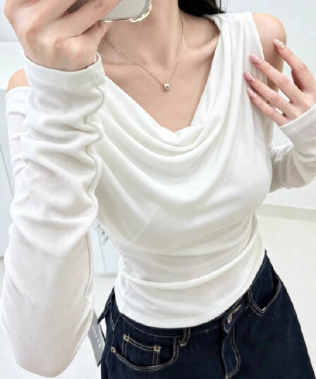 오프숄더 말뚝 더미 칼라 긴팔 티셔츠 여성 디자인 센스 흔들다 칼라 몸매 가꾸기 슬림해 보이는 표지 고기 맨위 이른 가을 열세 개 여성 의류