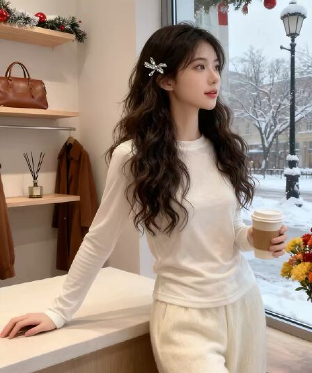 유럽 상품 화이트 주간 실크 양모 긴팔 티셔츠 여성 2026 봄 가을 새로운 몸매 가꾸기 슬림해 보이는 기본 셔츠 캐주얼 맨위